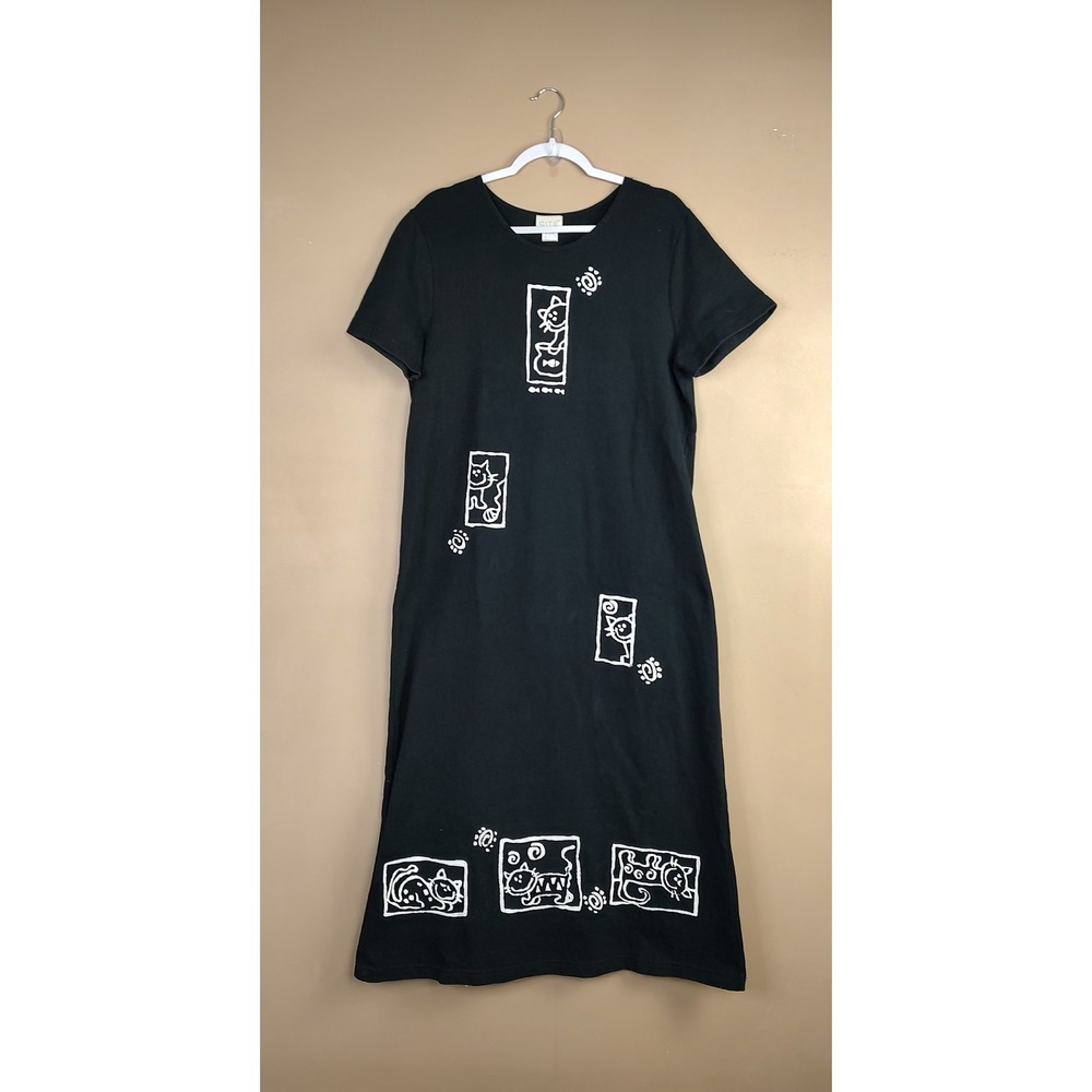 Cite Womens Black White Graphic Cat Print T-Shirt Midi Dress Made in USA Medium